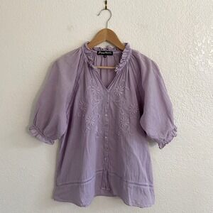 JP and Mattie Embroidered Cotton‎ Tunic Blouse Purple V-Neck Balloon Sleeve M